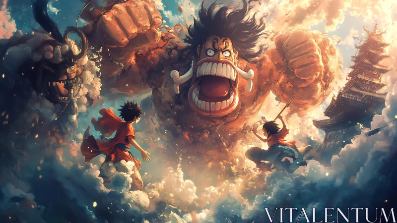 Epic anime battle tableau in dynamic cloud-swept composition.