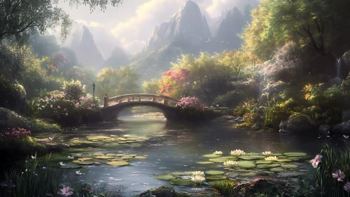 Sunlit lily pond and storybook bridge in a dreamlike valley.