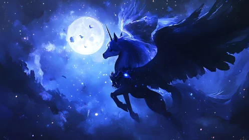 Luminous winged unicorn soars through a moonlit nebula sky.