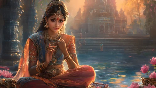 Temple dusk braids quiet river light around jeweled muse