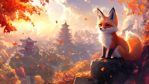Fox sentinel smiles over temples in swirling autumn light