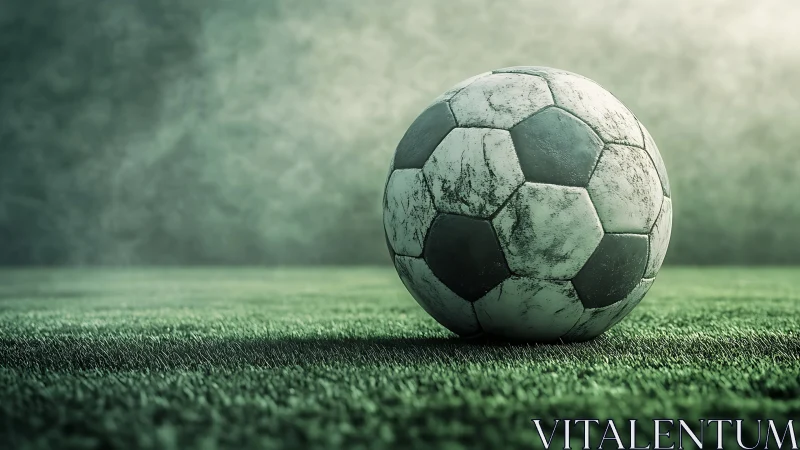 Weathered soccer ball resting on green grass field surface.