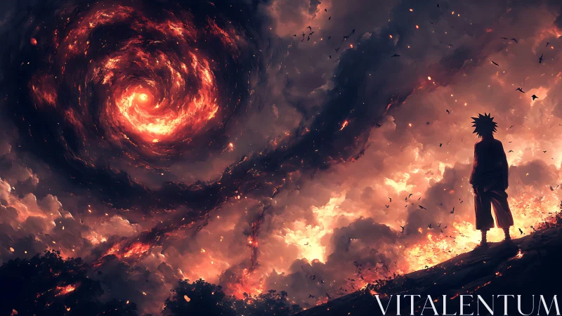 Solitary figure watching fiery vortex in apocalyptic sky.