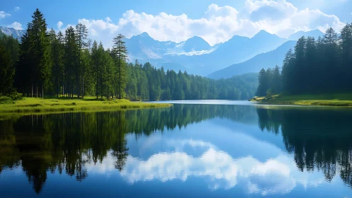 Mountain lake with evergreen forest reflection at midday.