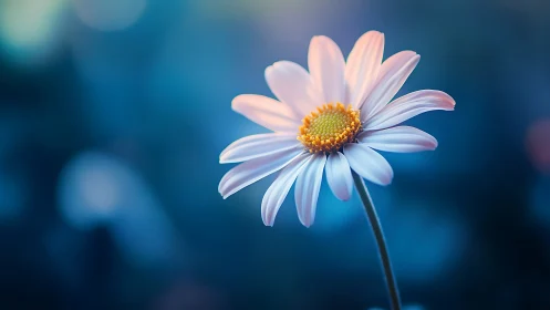 White Daisy with Golden Center Against Blue Bokeh.