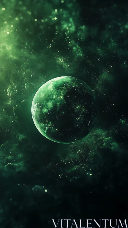 Emerald planet drifts through glowing nebulae of silent dust