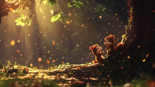 Sunlit forest clearing with two playful chipmunk friends.
