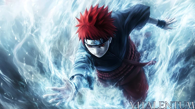 Red haired ninja charging through swirling blue water.
