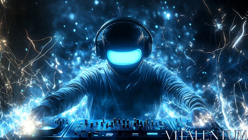Cyberpunk DJ with neon visor mixing electrified soundscape.