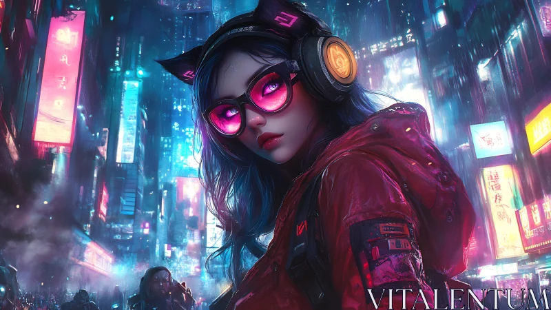 Neon alley cat hacker under rain glazed city skylines.