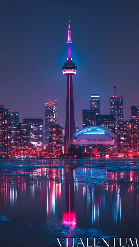 Neon-soaked skyline crowns a glowing tower over icy water.