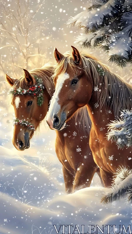 Chestnut horses in deep snow under soft backlit snowfall