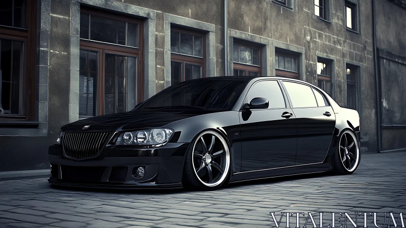 Midnight street sedan crouched low in polished obsidian armor.