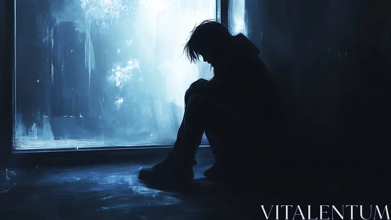 Silhouetted figure in blue backlight, melancholic tonal study.