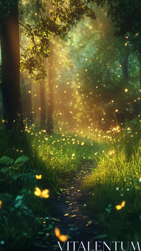 Sunlit forest path with glowing fireflies and soft foliage.