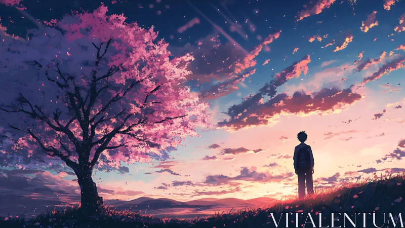 Solitary youth under luminous sakura at cinematic sunset.