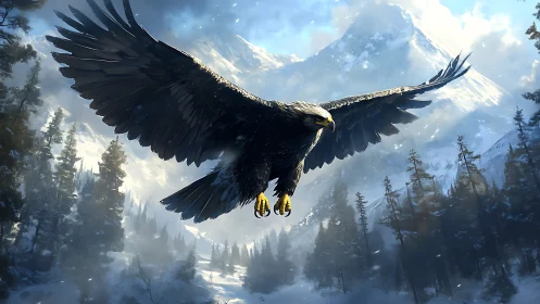 Majestic eagle soaring above snowy forest in realistic digital art.