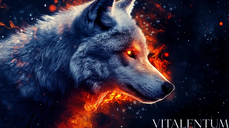 Luminous wolf profile with integrated flame and ember field.