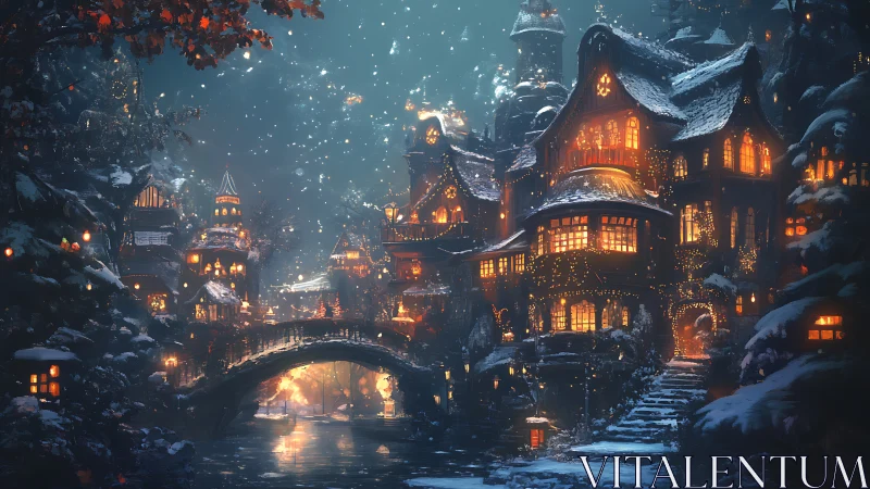 Snowy riverside village glows with warm winter lights