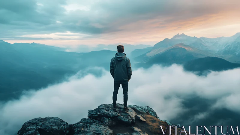 Solitary hiker above clouds at sunrise in misty mountains.