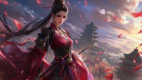 Warrior empress in crimson armor before ancient pagodas.