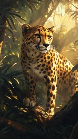 Spotted cheetah stands on mossy log under dappled jungle light