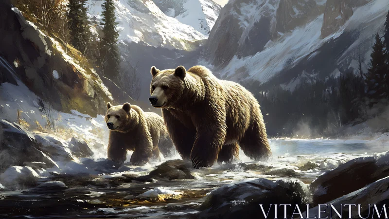Grizzly pair strides through icy alpine river under diffused backlight