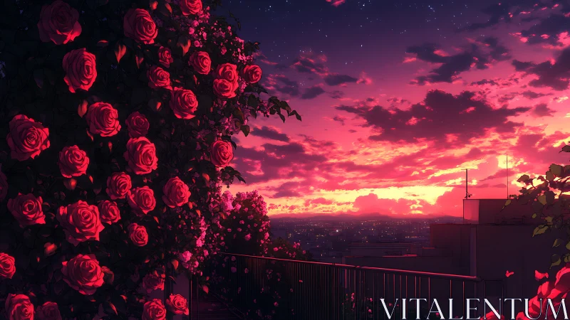 Rooftop rose terrace overlooks glowing city at vivid sunset