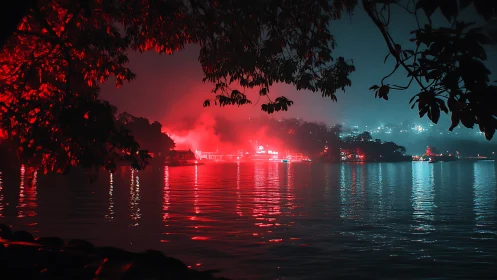 Moody lakeside lights glowing gently through misty night.