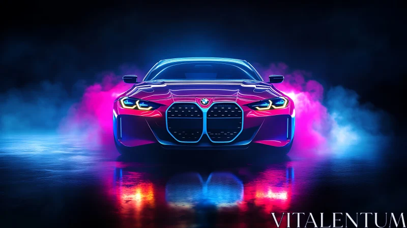 Neon-lit performance coupe rendered with high-gloss reflections and volumetric fog