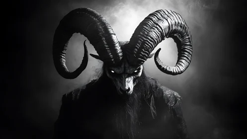 Demonic horned creature in dark smoky monochrome portrait.