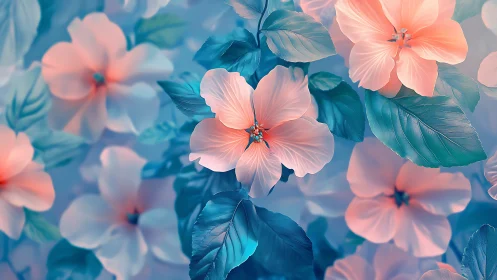 Coral and Teal Flowers Dance in Ethereal Light