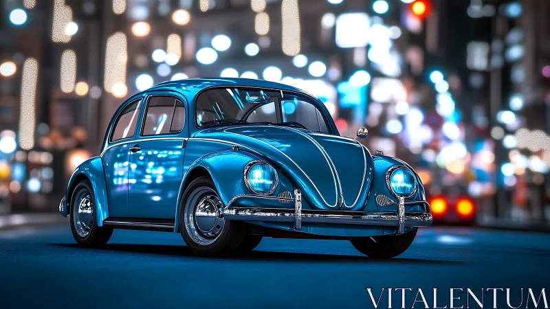 Vintage blue city car glows amid neon bokeh lights at night.