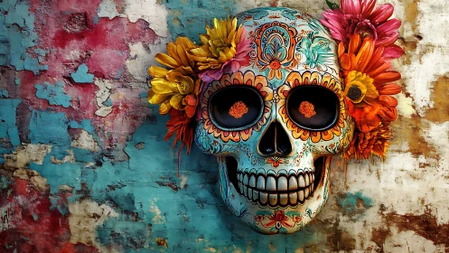Vibrant sugar skull mural with flowers on distressed wall.