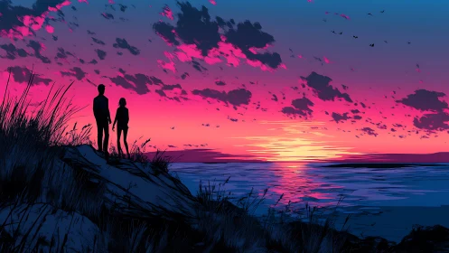 Two silhouettes on coastal cliff observing stylized sunset.