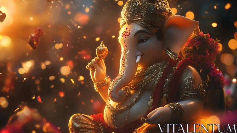 Ganesh idol in golden bokeh with warm cinematic lighting.