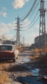 Derelict gridline roadway with rusted sedan and pylons.