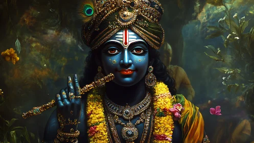 Blue-skinned flute player in ornate attire and forest setting.