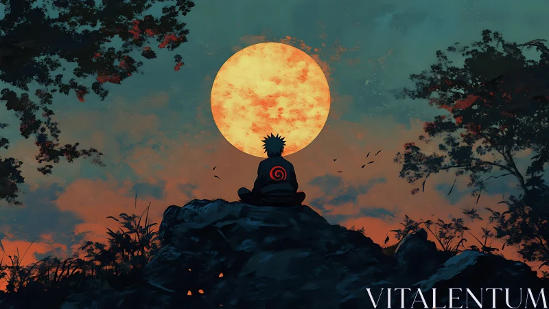 Solitary anime figure meditating beneath an immense moon.