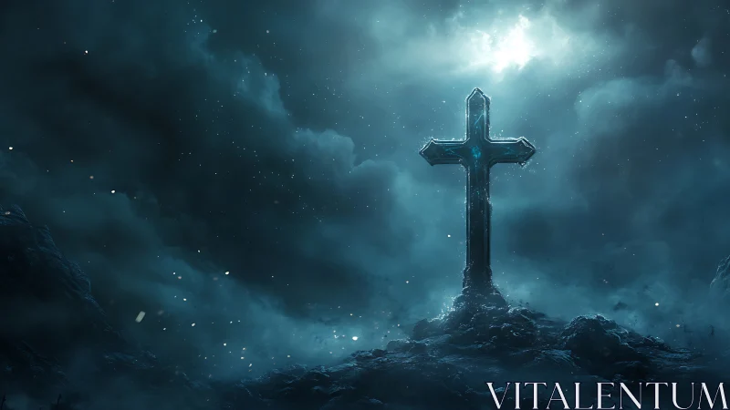 Luminous stone cross rises from misted rocky hill at night