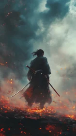 Sword-dimmed horizon smolders behind the lone ember samurai