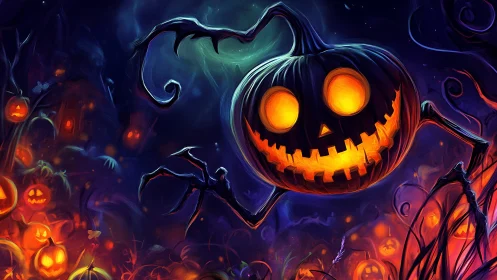 Demonic jack o lantern stalks glowing haunted pumpkin field.