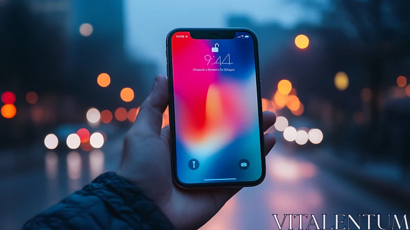 Smartphone display held in urban environment at evening hours.