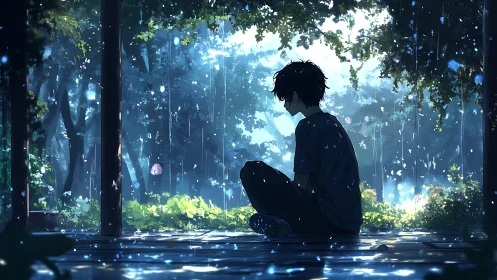 Solitary boy in rain-swept veranda rendered in moody anime lighting