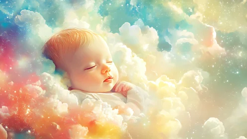 Sleeping baby in soft clouds with pastel dreamy sky.