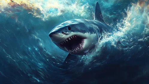 Ferocious great white shark erupting through stormy seas.