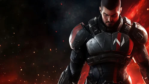 Stoic space warrior framed by drifting cosmic embers.