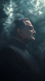Older man in profile stands against dark smoky backdrop