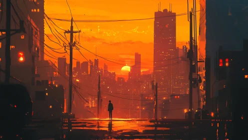 Solitary figure walks toward blazing cyberpunk city sunset