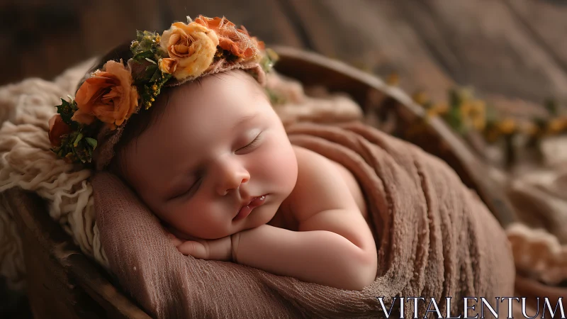 Newborn Baby with Floral Crown in Warm Fabric Wrapping
